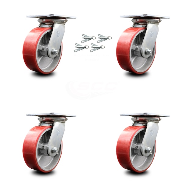 6 Inch Red Poly on Cast Iron Caster Set with Ball Bearings and Swivel Locks